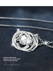 Macro shot of S925 sterling silver double-ring necklace with a sparkling round-cut moissanite