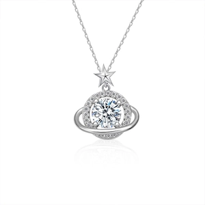 Moissanite 925 sterling silver planet necklace with sparkling saturn pendant and star detail