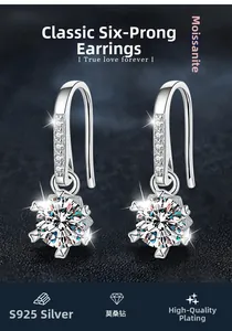 Detail of S925 silver moissanite earrings with six-prong setting and pavé ear hooks