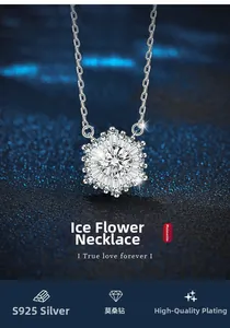 Detailed close-up of 925 silver snowflake necklace with Moissanite stones on blue background