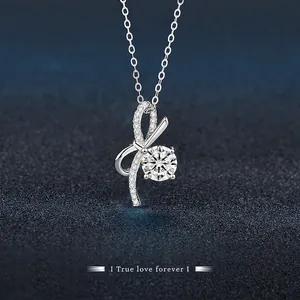 S925 Sterling Silver Bowknot Pendant Necklace With Moissanite Round Brilliant Cut Rhinestone Elegant Jewelry For Women