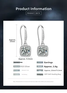 Detailed dimensions of S925 silver moissanite earrings with 1ct stones and square drop design