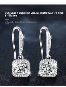 Detail of square moissanite earrings with 3EX cut and 58 facets on blue stone background