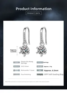 Detail of 925 sterling silver earrings with 6.5mm moissanite in a classic 6-prong setting