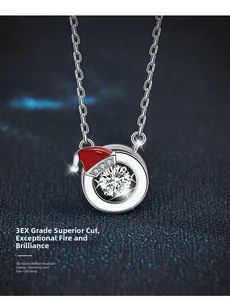 Close-up of S925 silver Christmas necklace with moissanite and festive red hat charm