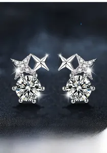 Detailed view of S925 sterling silver eight-pointed star earrings with moissanite stones
