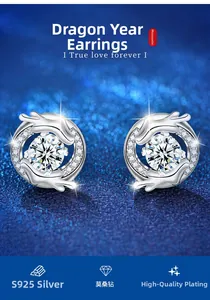 Detail of S925 silver dragon stud earrings with sparkling moissanite stones