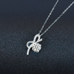 S925 sterling silver bow pendant necklace with round brilliant cut moissanite and chain