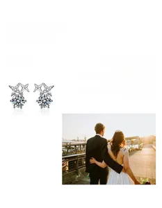 Detailed view of silver star stud earrings featuring sparkling moissanite gemstones