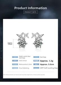 Detailed view of S925 silver eight-pointed star stud earrings with 5.0mm moissanite