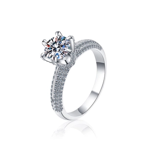 Classic six-prong moissanite engagement ring in 925 sterling silver with double-row micro pavé