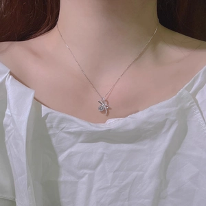 Elegant S925 silver rabbit pendant necklace with sparkling moissanite on female model