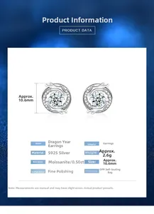 Detail specifications of Dragon Year S925 silver stud earrings with 50pt moissanite stones