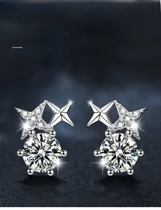 Detail of 925 sterling silver star studs with 3EX cut moissanite and 58 facets