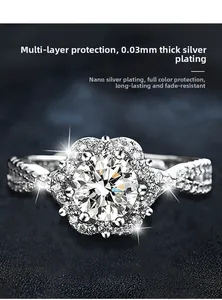 Vue macro d'une bague fleur en argent S925 avec moissanite et anneau torsadé