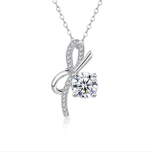 Luxurious S925 sterling silver bow pendant necklace with a brilliant round moissanite stone