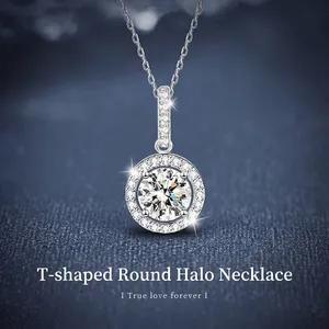 Collier Pendentif Halo Rond en Argent Sterling 925 Moissanite Chaîne en Forme de T Pour Femmes Mariage Bijoux de Luxe