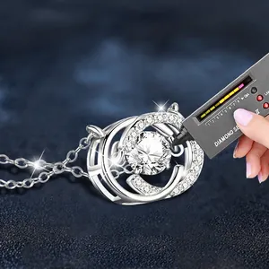 925 silver double ring necklace with moissanite pendant and diamond tester display