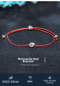 Macro detail of red woven cord bracelet featuring S925 silver beads and Moissanite stone