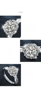 Détails macro de la bague moissanite en argent à six griffes avec halo floral
