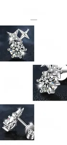 Detail view of 925 silver moissanite stud earring with six-prong setting and star detail