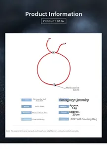 Detailed specifications table for adjustable 925 silver red string moissanite bracelet