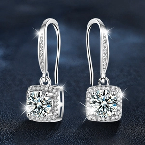 Luxurious 925 sterling silver moissanite halo drop earrings with sparkling round cut stones