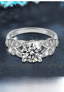 Macro shot of S925 sterling silver leaf ring with brilliant moissanite stone detail