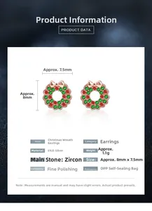 Detailed product specifications for S925 silver Christmas wreath stud earrings with zircons