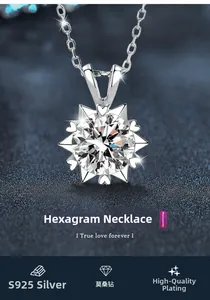 Close-up of S925 silver hexagonal star pendant with moissanite and heart-shaped prongs