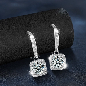 S925 Sterling Silver Moissanite Square Halo Drop Earrings with Brilliant Center Stone