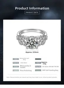 Detailed view of S925 silver leaf ring with a 2-carat Moissanite diamond centerpiece