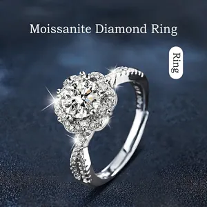 Bague Moissanite Argent Sterling 925 Ajustable Fleur Halo Anneau Torsadé Bijoux Mariage Anniversaire Pour Femmes