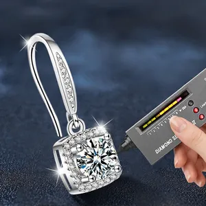 S925 sterling silver moissanite halo drop earrings with brilliant round cut stones