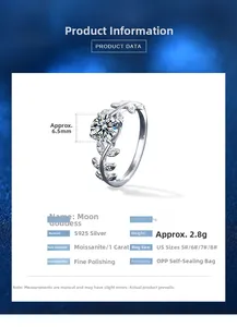 Detailed size chart for S925 silver moissanite ring with 1 carat stone specifications