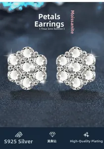 Macro detail of S925 sterling silver petal stud earrings with brilliant moissanite stones