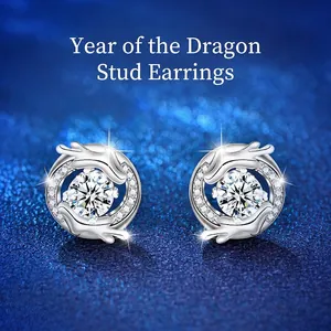 Original Chinese Style Dragon Year Moissanite Stud Earrings 925 Sterling Silver White Gold Plated Zodiac Fine Jewelry For Women