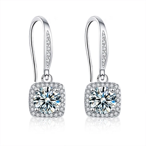 Elegant 925 sterling silver halo moissanite drop earrings with classic round cut stones