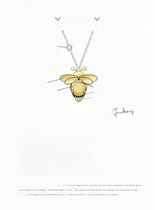 Design sketch of silver bee pendant necklace with yellow moonstone and zircons