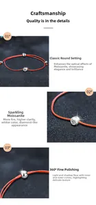 Detail of red braided cord bracelet featuring a S925 silver bezel set moissanite stone