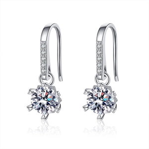 Classic 925 sterling silver moissanite six-prong drop earrings with paved stone hooks