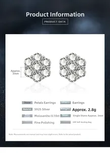 Macro detail of S925 sterling silver petal stud earrings with 3mm moissanite stones