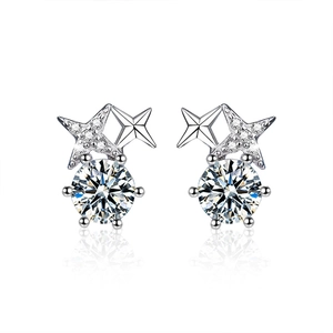 925 sterling silver star stud earrings with round moissanite and double star accents