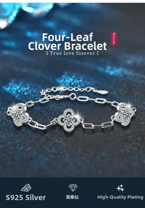 Macro shot of S925 sterling silver four-leaf clover bracelet with sparkling moissanite stones