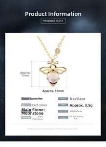 Macro shot of S925 silver Aurora Bee pendant with moonstone and 3.5g product specs