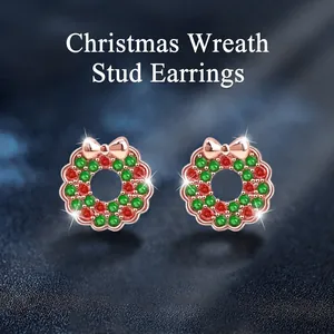 925 Sterling Silver Christmas Wreath Stud Earrings For Women Rose Gold Plated Red Green Zirconia Festive Holiday Jewelry