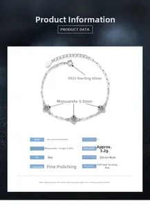 Detailed specs of s925 silver four-leaf clover bracelet with 20pt moissanite stone