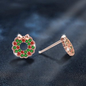 925 silver Christmas wreath stud earrings with red green zircon and rose gold bow