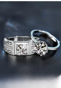 Detailed view of s925 silver couple rings featuring a square moissanite and classic 6-prong setting