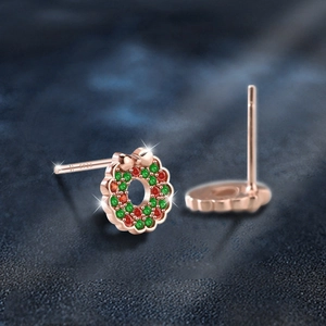 Christmas wreath earrings in 925 sterling silver with red and green crystals